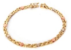 9ct tri-coloured gold bracelet, X-bar and textured links, 6gms