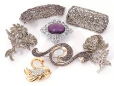 Mixed Lot: group of costume brooches, five marcasite set and two others
