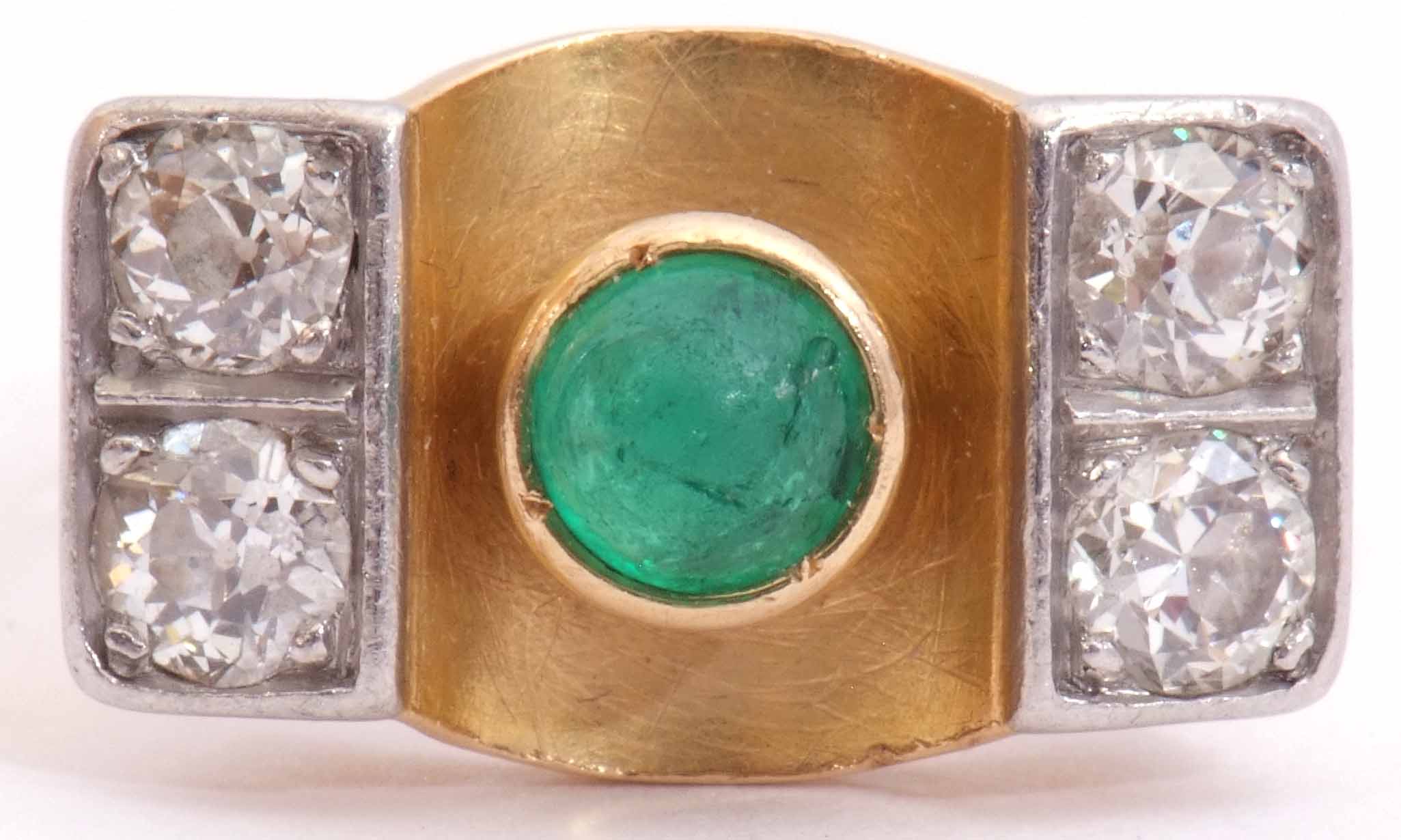 Emerald and diamond stylised ring, the cabochon round cut emerald collet set in a central concave - Image 2 of 8