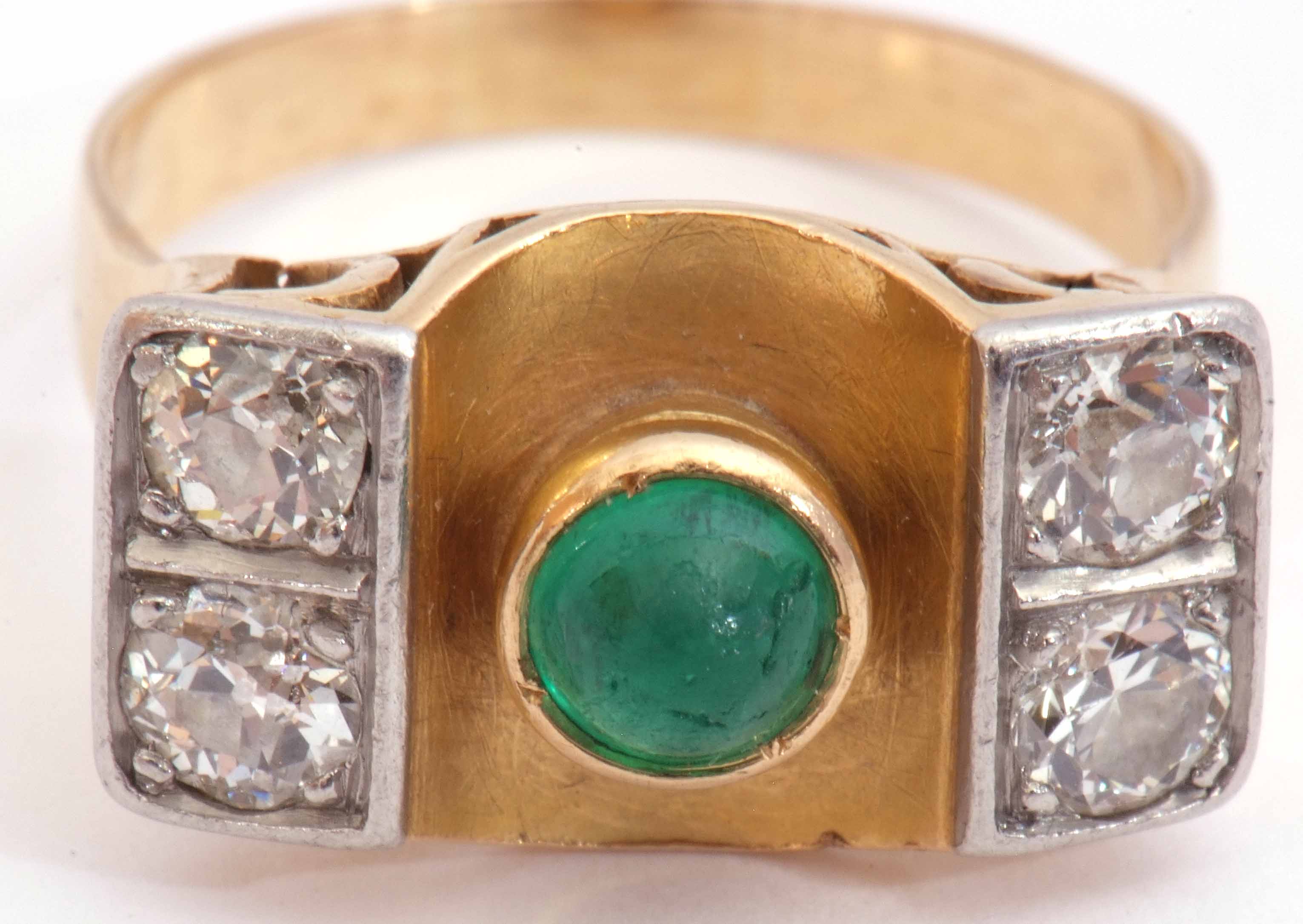 Emerald and diamond stylised ring, the cabochon round cut emerald collet set in a central concave - Image 7 of 8