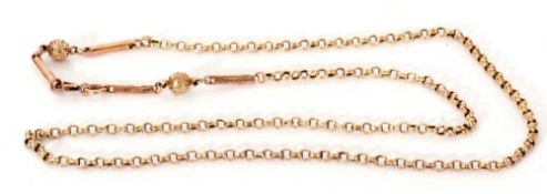 Yellow metal belcher link necklace with ball finial and trombone link design, (tests for 9ct), 3.