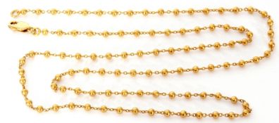 High grade yellow metal chain, oval link and bead design, 29.5cm fastened, 7.8gms (tests for 18ct