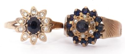 Mixed Lot: 9ct gold sapphire and diamond cluster ring centring a round cut sapphire within a diamond