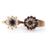 Mixed Lot: 9ct gold sapphire and diamond cluster ring centring a round cut sapphire within a diamond