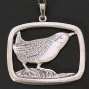 Silver bird open work pendant, a Shetland Wren, Edinburgh 1977, 36 x 30mm, suspended from a sterling