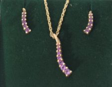 Modern 9ct gold and amethyst stylised pendant on a 9K marked chain, together with matching earrings,