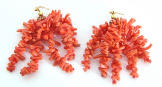 Pair of vintage stag coral cluster drop earrings with gilt metal shepherd hook fittings