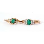 Mixed Lot: 9ct modern gold, emerald and diamond cross-over ring, size O, together with a 9ct gold