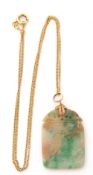 Modern jade pendant, 3 x 2cm, on a silver gilt bale, suspended from a 14K marked chain