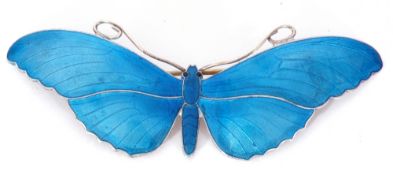 Sterling and enamel large butterfly brooch, the outstretched wings and body enamelled in a blue