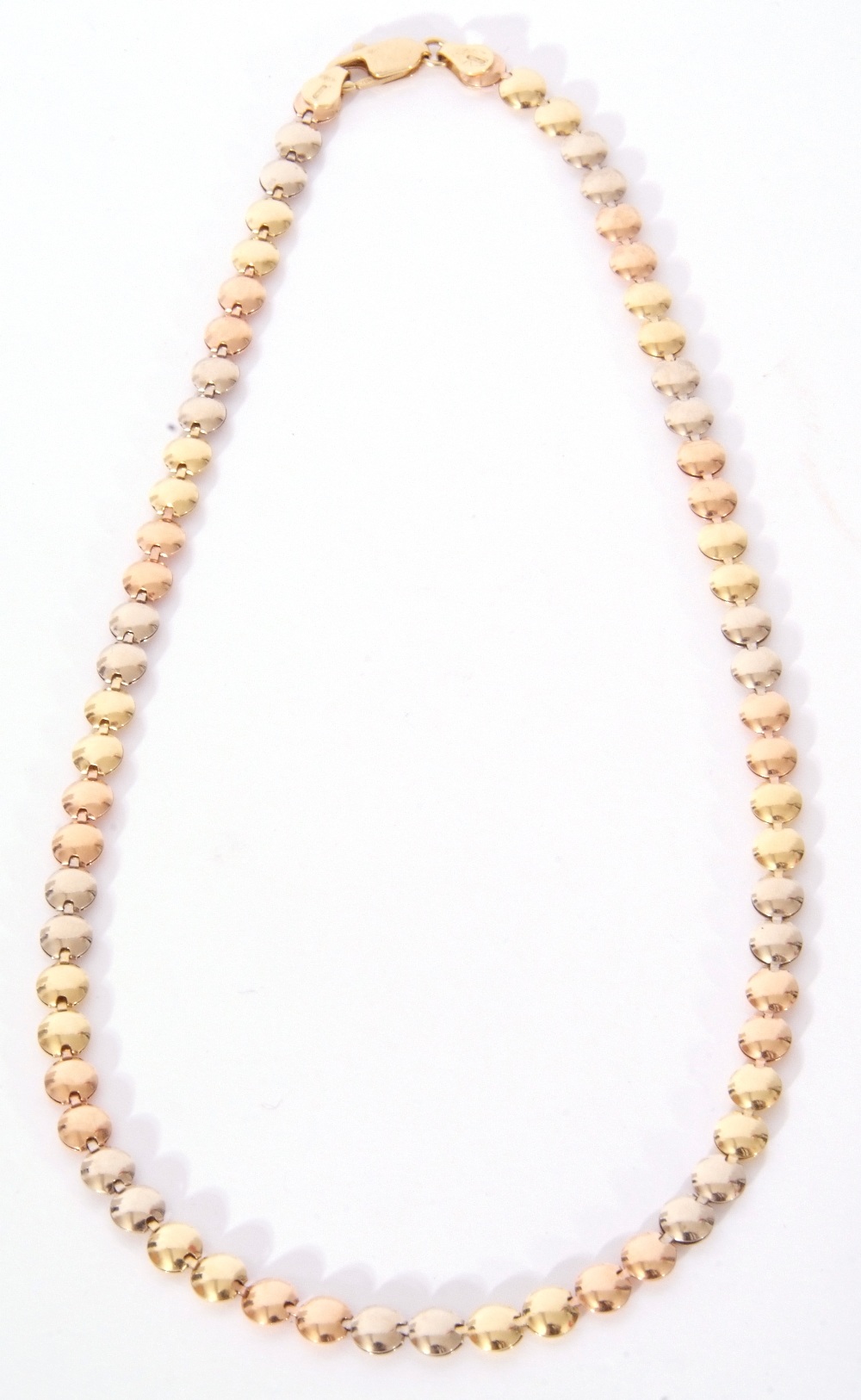 Modern 750 stamped tri-colour necklace, a hollow disc design, 45cm long, 18.2gms