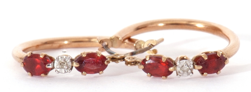 Pair of 9ct stamped hoop earrings highlighted with central diamond point between two small red - Image 4 of 6
