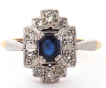 Art Deco sapphire and diamond cluster ring, the cushion cut sapphire 6 x 4mm surrounded by eight