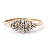 9ct gold and diamond cluster ring of lozenge shape featuring 24 round single cut small diamonds,