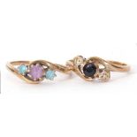 Mixed Lot: 9ct gold, dark sapphire and small diamond cross-over ring, size L/M, together with a