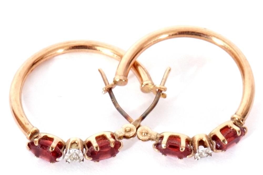 Pair of 9ct stamped hoop earrings highlighted with central diamond point between two small red - Image 2 of 6