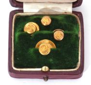 Set of four 9ct gold dress studs in original velvet lined and tooled leather case (one a/f), 2.6gms