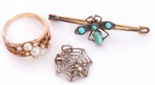 Mixed Lot: pearl and diamond set ring, a design featuring three bands, each decorated with a small