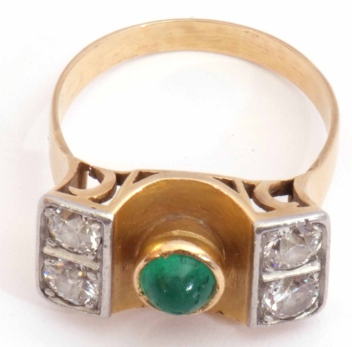 Emerald and diamond stylised ring, the cabochon round cut emerald collet set in a central concave - Image 8 of 8