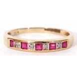 Modern 9ct gold diamond and ruby ring, alternate set with five calibre cut rubies and four small