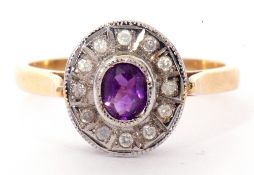 18ct gold amethyst and diamond ring, centring a bezel set oval amethyst raised above a small diamond