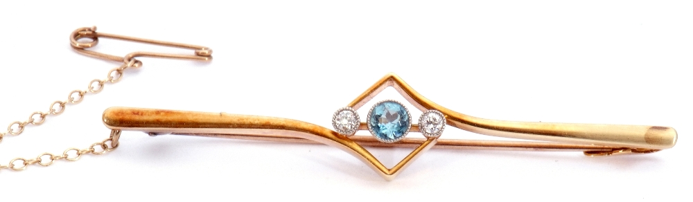 Aquamarine and diamond set bar brooch, the centre an offset square frame featuring a round faceted - Image 2 of 3