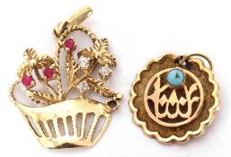 Mixed Lot: modern 585 stamped floral basket pendant highlighted with small paste set stones,