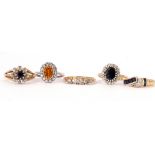 Mixed Lot: five stone graduated diamond ring, the carved gallery broken, stamped 18ct, a sapphire