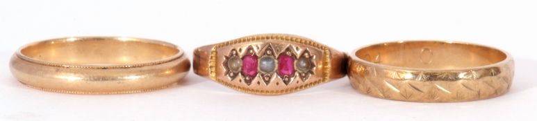 Mixed Lot: Victorian 9ct gold ruby and seed pearl ring, alternate set with two oval rubies and three