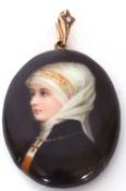 Antique porcelain portrait pendant/locket, the oval shaped panel hand painted with a portrait of a