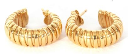 Pair of heavy 750 stamped hoop earrings of ribbed design, post fittings, 10gms