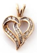 9Kt stamped diamond heart pendant, 20 x 14mm, the open work design channel set with small single cut