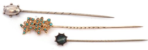Mixed Lot: 15ct marked stick pin, the finial set with small turquoise and seed pearls, an antique