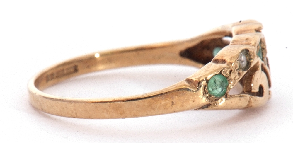 9ct gold emerald and diamond ring, the pierced carved mount alternate set with four small emeralds - Image 6 of 7