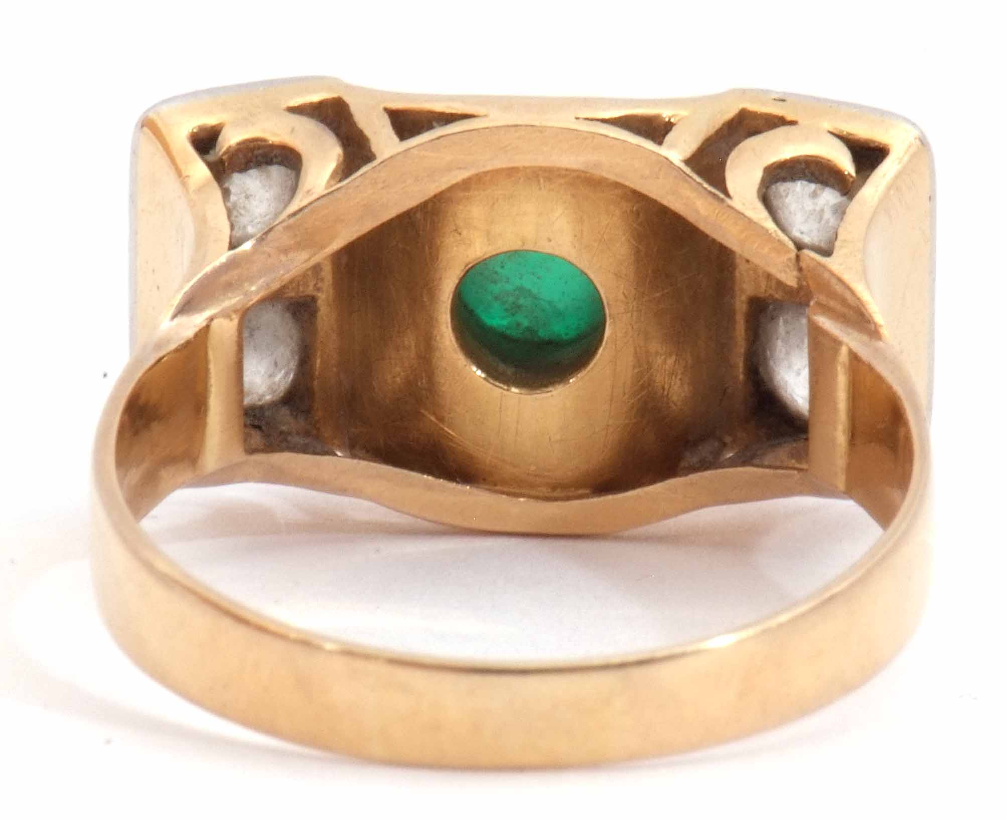 Emerald and diamond stylised ring, the cabochon round cut emerald collet set in a central concave - Image 4 of 8