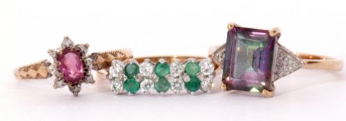 Mixed Lot: 9ct gold pink stone and small diamond cluster ring, a 9ct gold mystic coated topaz and