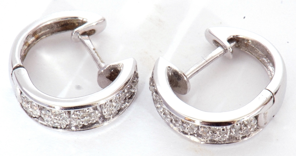 Pair of modern precious metal small diamond set hoop earrings, hinged with post fittings, stamped - Image 3 of 8