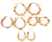 Mixed Lot: four pairs of low grade yellow metal hoop/creole earrings, 5.8gms