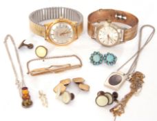 Two vintage jewel cases to include costume jewellery and two gents wrist watches, Timex and Posoh