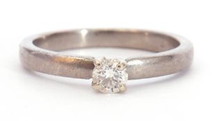 Precious metal single stone diamond ring featuring a round brilliant cut diamond, 0.20ct approx,