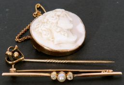 Mixed Lot: vintage 15ct marked stick pin, the finial a beaded knot design, a pearl and diamond set