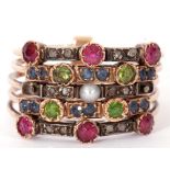 Antique harem ring, five band stacking ring featuring rose cut diamonds, ruby, sapphire, peridot and