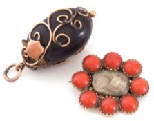 Mixed Lot: antique coral bead mourning brooch, centring a plaited hair glazed panel, engraved