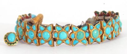 Probably Indian fabric backed yellow metal and turquoise star panelled bracelet, 15cm long (a/f)