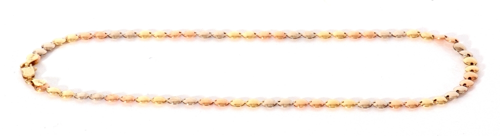 Modern 750 stamped tri-colour necklace, a hollow disc design, 45cm long, 18.2gms - Image 6 of 10