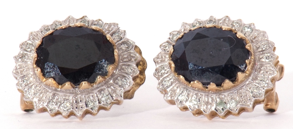Pair of modern 9ct gold diamond and synthetic sapphire earrings, the faceted oval sapphires in a cut - Image 3 of 7