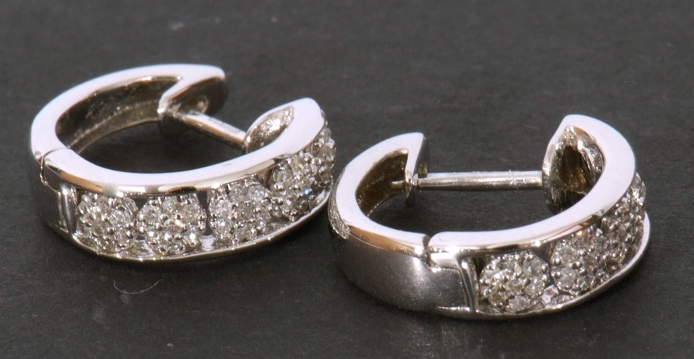 Pair of modern precious metal small diamond set hoop earrings, hinged with post fittings, stamped - Image 6 of 8