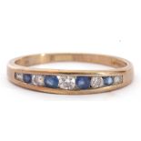 9ct gold cubic zirconia and blue paste half hoop ring, size N