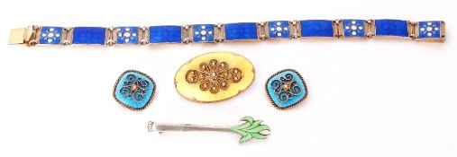 Mixed Lot: Vintage Ivar T Holth sterling and yellow enamel oval brooch, 35mm long, a Bernard Meldahl