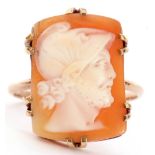 9ct stamped cameo ring, the carved shell cameo depicting a profile of a centurion, 18 x 14mm, size